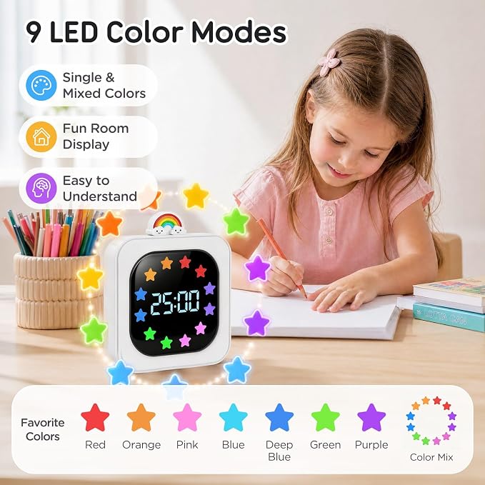 Digital Visual Timer for Kids with 12-Star Rainbow Display & 9 Color Modes | 99-Minute Count-Up & Countdown Timer with Silent Mode & Pause for Classroom, Home, Kitchen, Rechargeable, Blue
