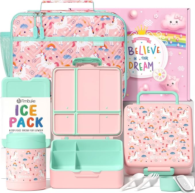 Fimibuke Kids Bento Snack Lunch Box with 4 Compartments, Insulated lunch Bag, Stainless Steel Thermo Food Jar, Ice Pack & Utensils, Unicorn Birthday Gifts for Age 3-12 Back to School Toddler Girl Boy | Lunch Box Kids with 4 Compartment, Food Jar, Ice P...