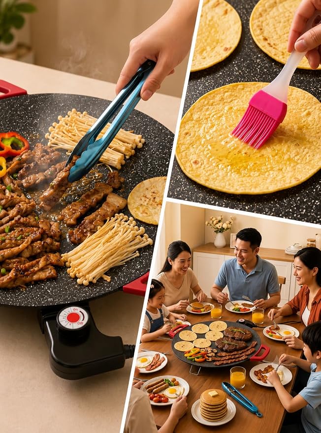 Round Electric Griddle, 1500W Smokeless Nonstick Indoor BBQ,The 16-inch round flat electric griddle easily cooks morning tortillas or Korean BBQ for the whole family.(16 inches)