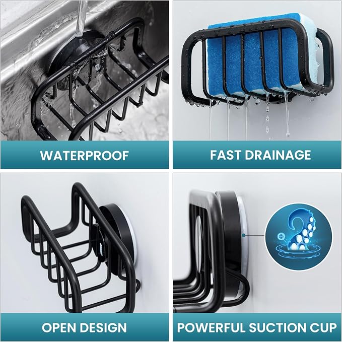 TAILI Sink Caddy with Strong Suction Cup, Sponge Holder for Kitchen-Black | Sponge Caddy for Kitchen Sink Oganizer, Removable Rustproof Aluminum Sponge Holder for Dish Brush, Scraper, Scrubber