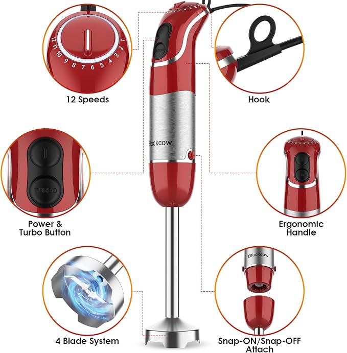 Blackcow Immersion Blender Handheld, Corded Hand Blenders Set 800W, 12 Speed Stick Blender 5 in 1 Stick Emulsifier with Chopper, Whisk and Frother for Soup, Baby Food and Smoothies, Red