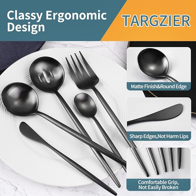 Black Serving Utensils Set, 5pc Stainless Steel Serving Spoons | 10.8in,matte black,serving spoons set for parties,buffet serving utensils,black flatware for elegant serving,dishwasher safe