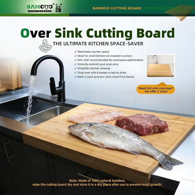 BAMOTTO CRAFTBAMBOO 30 x 21 Inch Extra Large Bamboo Cutting Board — Stovetop Cover, Over the Sink Board, Noodle Board, Butcher Block, Charcuterie Board with Detachable Legs & Non-Slip Lip