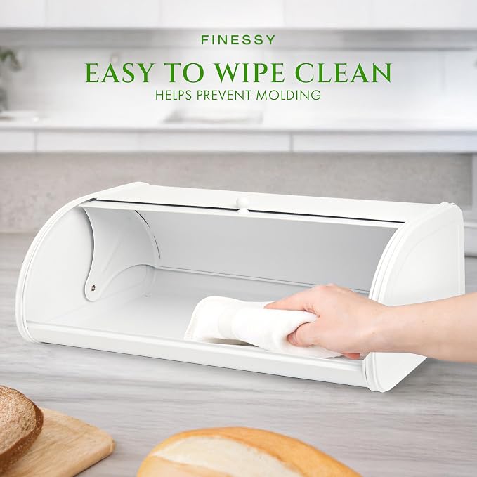 FINESSY Large Bread Box Roll Top, White Metal Bread Box For Kitchen Counter | Bread Box For Homemade Bread, Holds Two Loaves, Bagels & Muffins. White Metal Bread Box With Roll Top Lid 17.3 × 10.4 × 6.8