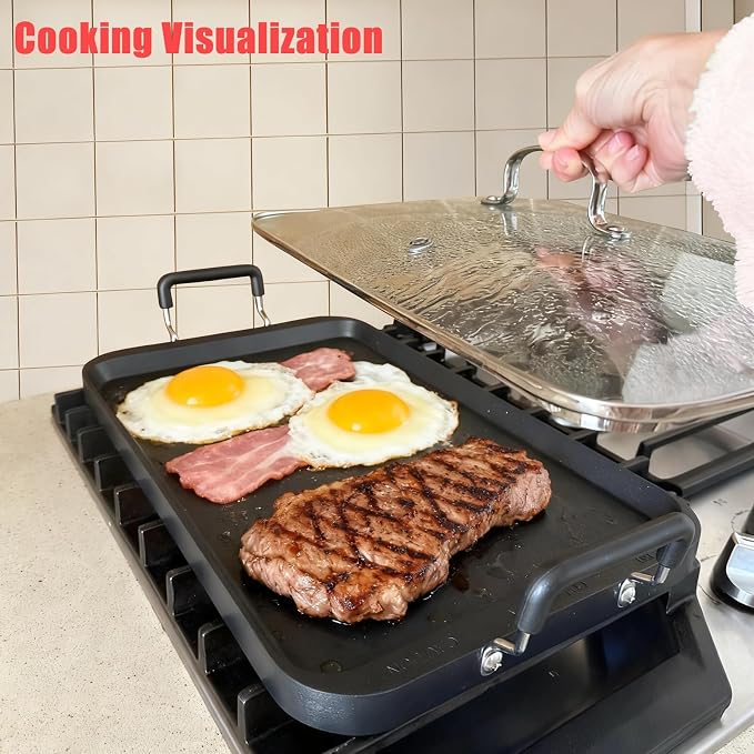 2-Burner Griddle Pan with Glass Lid - Nonstick Stovetop Griddle for Gas & Glass Cooktops - Aluminum Camping Grill Pan for Breakfast (Pancakes/Eggs/Bacon) (22"L x 12"W x 1.77"Th)