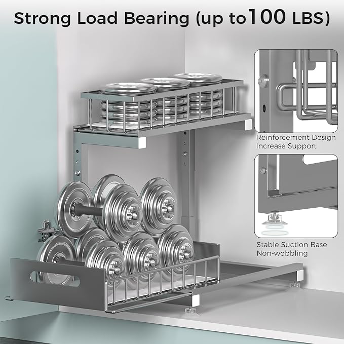 L-Shaped Under Sink Organizer, 2-Tier Pull-out Cabinet Rack 1-Pack | Grey Height-Adjustable Metal Rack, Sliding Grid Drawers with Safety Stopper, Holds 100 Lbs, Ideal Kitchen Cabinet Storage