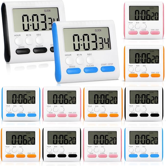 Mudder 12 Pack Digital Kitchen Timer for Cooking, Large Digits, 24 Hour Magnetic Backing Stand Kitchen Timers Clock for Classroom Kids Teachers, Loud Alarm and Large Screen (Mix Color)