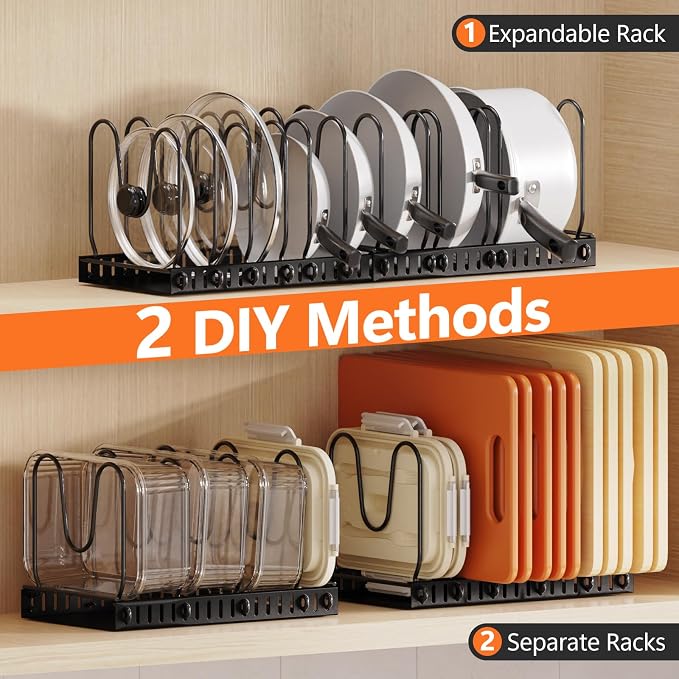 HzTinT 2 Pack Expandable Pots and Pans Organizer Under Cabinet, 24 Dividers | Pot Lid Organizer with Solid Steel Base, 23" Pan Organizers Inside Cabinet with Adjustable Dividers for Pots, Pans & Bakeware