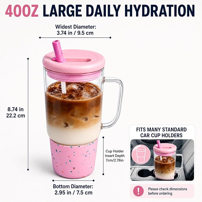 40oz Glass Tumbler with Flip Straw Lid, Handle, Silicone Sleeve, Pink | Leakproof Lid, Fits Car Cup Holder Glass for Iced Coffee, Water, Cold Drinks, Travel, Outdoor, Partys&Home