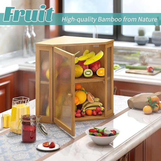 Corner Bread Box, Large Bamboo Bread Box for Kitchen Countertop, 2 Tier Wooden Bread Storage (Natural, Large)