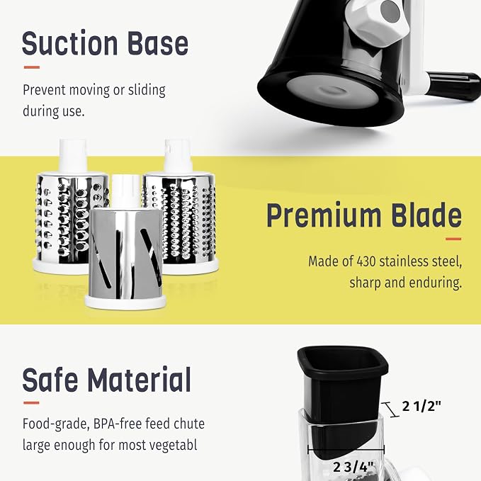 X Home Rotary Cheese Grater for Kitchen, Shredder with 3 Interchangeable Blades, Rotary Grater with Handle and Strong Suction Base, for Vegetables, Fruit, Nuts, Easy to Use and Clean, Black