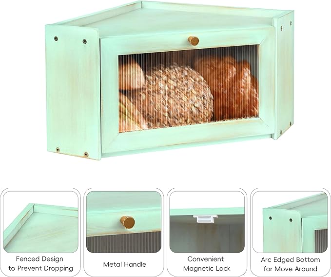 Bread Box for Kitchen Countertop with Acrylic Window Green | Farmhouse Bread Storage Container, Large Pantry Organizers for Homemade Snacks, Loaves, Breathable Keeps Bread Fresh
