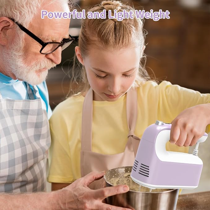 Yomelo 9-Speed Digital Hand Mixer Electric, 400W Powerful DC Motor, Hand Mixer Electric Handheld with Snap-On Storage Case, 5 Stainless Steel Accessories, Beaters, Dough Hooks, Whisk(Lilac Purple)