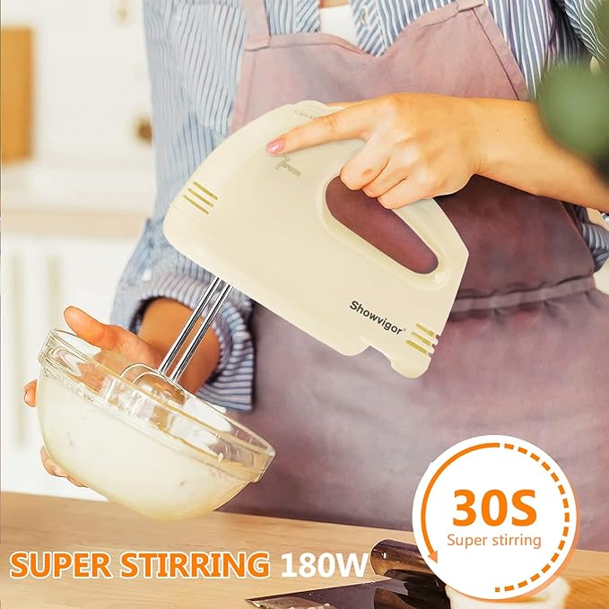 Handmixer Electric Handheld - 7 Speed Portable Kitchen Mixer Electric with 5 Stainless Steel Accessories Whisk, Food Beater for Whipping Mixing Cookies Cakes Eggs, Beige