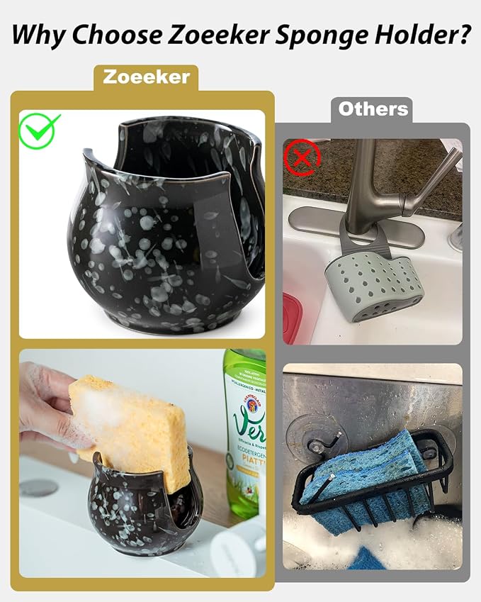 Zoeeker Kitchen Sponge Holder, Ceramic Dish Sponge Holder for Kitchen Sink | Scrub Sponge Dish Rack Sink Caddy Organizer Brush Holder Kitchen Storage Accessories for Bathroom, Sink, Countertop, Black