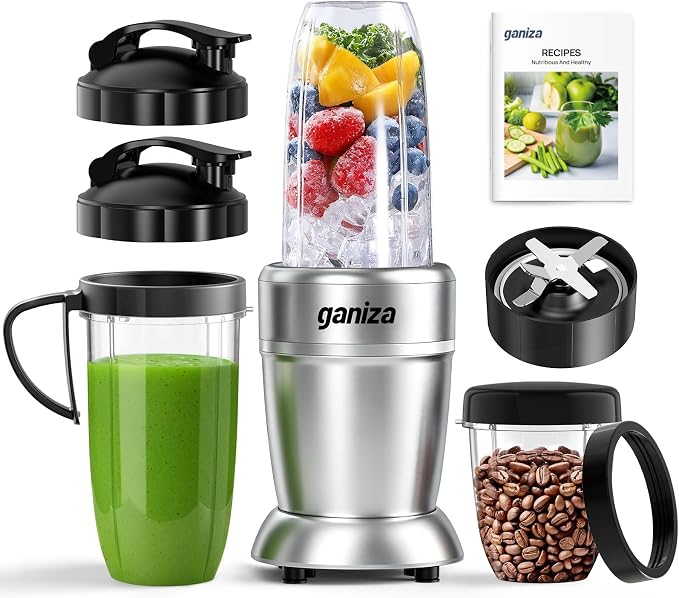 Ganiza Smoothie Blender Max 1300W, Personal Kitchen Blender & Grinder Combo | 23 oz, (2) 37 oz To-Go Cups, 6-Leaf Blade, Portable Maker for Smoothies, Shakes, Frozen Drinks, Sauces, Coffee Beans, Nuts