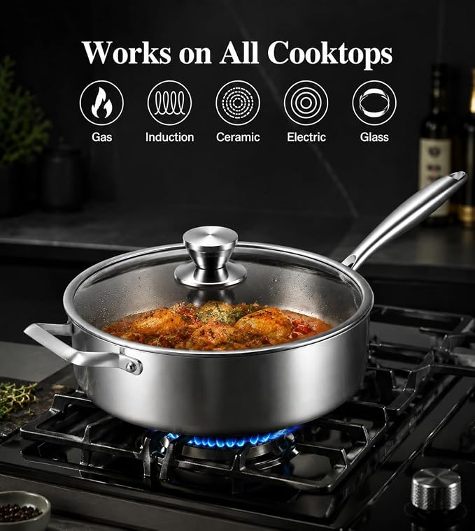 Toutrop Saute Pan,Frynig Pan with Lid,Stainless Steel Cookware,Skillet,Dishwasher and Oven Safe, Works on All Cooktops,Stainless Steel,3QT