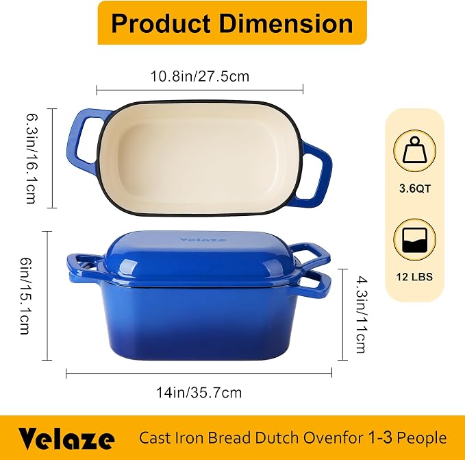 Velaze 3.6 QT Oval Cast Iron Dutch Oven for Bread Baking, Offset Handles | Bread Pan with Lid for Sourdough Sandwich,Small Households Baking,Gift for Bread Bakers,Deep Base,Oven Safe,Blue