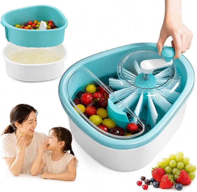 Fruit Cleaner Spinner,Manual Berry Washer Bowl and Spinner w/Brush(B) | Vegetable Washer Salad Cleaner with Crank Handle,Large Cleaning Bowl for Fruits, Vegetables and Salad, Produce Scrubber