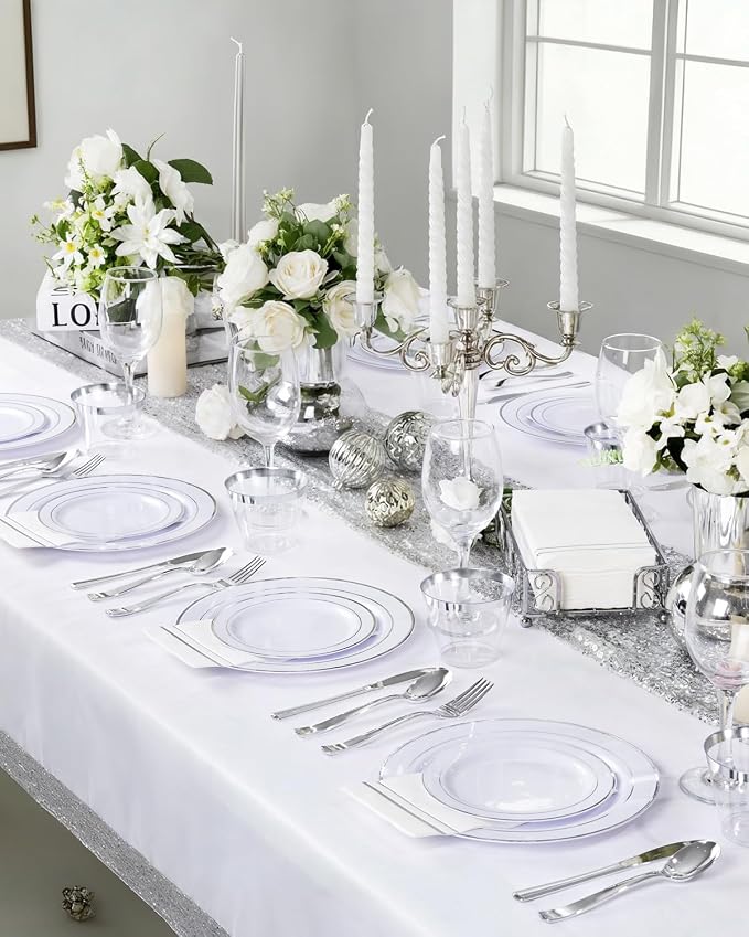 GATHER 700PCS Silver Plastic Plates 100 Guest for Wedding and Party | White and Silver Disposable Dinnerware Sets include 200 Plates, 300 Silverware, 100 Napkins, 100 Cups for Anniversary