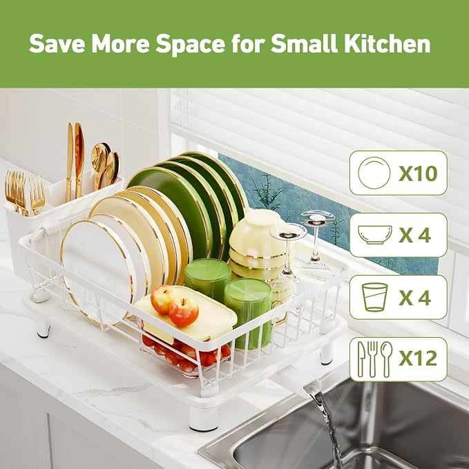 Dish Drainer Rack with Drip Tray, Sink Dish Drainer with Drainage Spout, Stainless Steel Dish Drying Rack with Cups, Utensil & Cutting Board Holders for Kitchen Counter Space-Saving, White