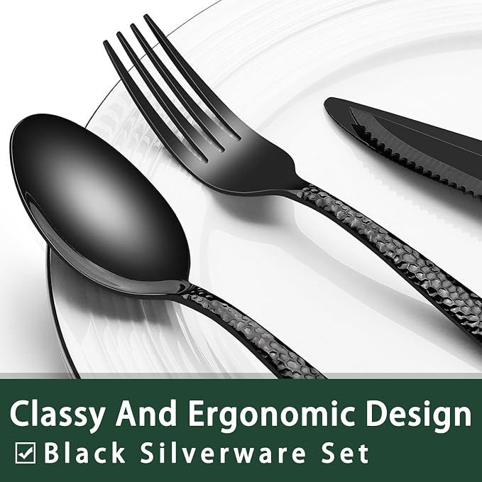 EWFEN 24-Piece Black Silverware Set with Steak Knives, Black Flatware Set for 4, Food-Grade Stainless Steel Tableware Cutlery Set, Mirror Finished Utensil Sets for Home Restaurant, Wave Hammered