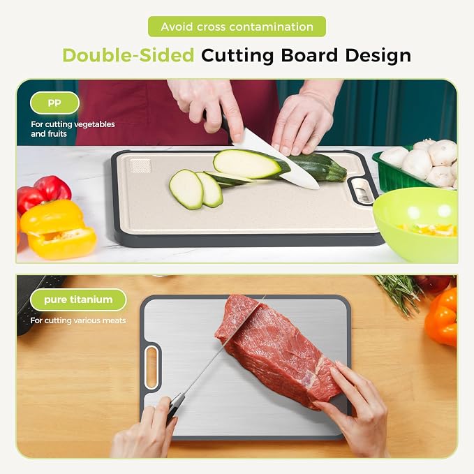 Titanium Cutting Board, Double Sided Food Grade Pure Titanium/PP, Cutting Board for Kitchen, Easy to Clean Large Size [18”*12.5”+15.5”*10.5”+12”*8.5”]