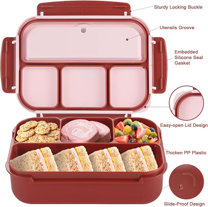 shell and turtle Bento Box Adult Lunch Box, Lunch Containers for Kids Girls Boys with 4 Compartments, Lunchable Food Container with Utensils, Sauce Jar, Muffin Liners, 40 Oz/5 Cup, Retro Red