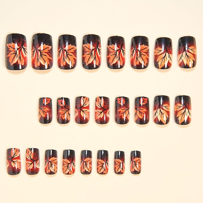 24 Pcs Fall Press on Nails Medium Square Fake Nails with Ombre Maple Leaves Designs Nails Press ons Red Brown Glue on Nails Reusable Stick on Nails for Women