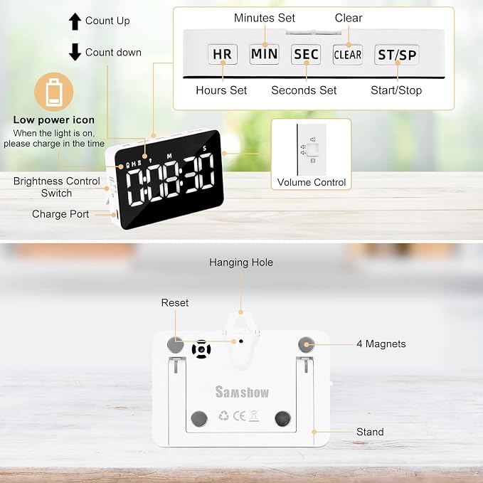 Rechargeable Digital Kitchen Timer for Cooking, Magnetic Timers with Countdown/up, Kids Timer with 5”LED Display 3 Brightness 4 Volume Adjustable for Classroom/Office/Home/Work/Study/Fitness/Game | Countdown/Up, 3 Adjustable Brightness, 4 Adjustable Vo...