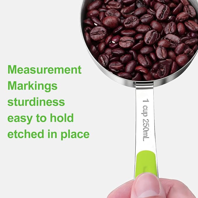 Bopei Measuring Cups and Spoons Set Stainless Steel 10 Piece for Cooking and Baking (5 Cups + 5 Spoons, Green Handle)