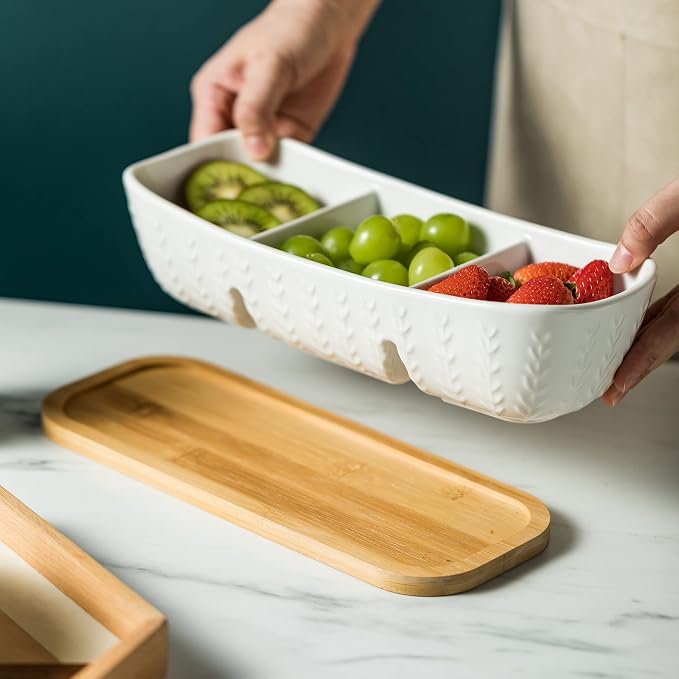 Miamolo Chip and Dip Set Bowl with Divided Serving Tray, Hosting Essentials | Acacia Wood Tray, Ceramic Serving Bowls | Condiment Tray for Dipping Sauces, Party | Kitchen Counter Decor, Microwave Safe
