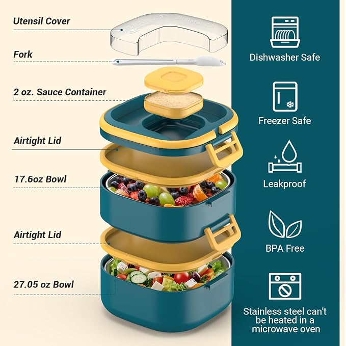 Stackable Stainless Steel Bento Box with Insulated bag,Leak-Proof,2-Tier Bento box,Lunchbox container With Portable Sauce Pod and Cutlery-for Kids/Adult,Dishwasher/MicrowaveSafe,Blue