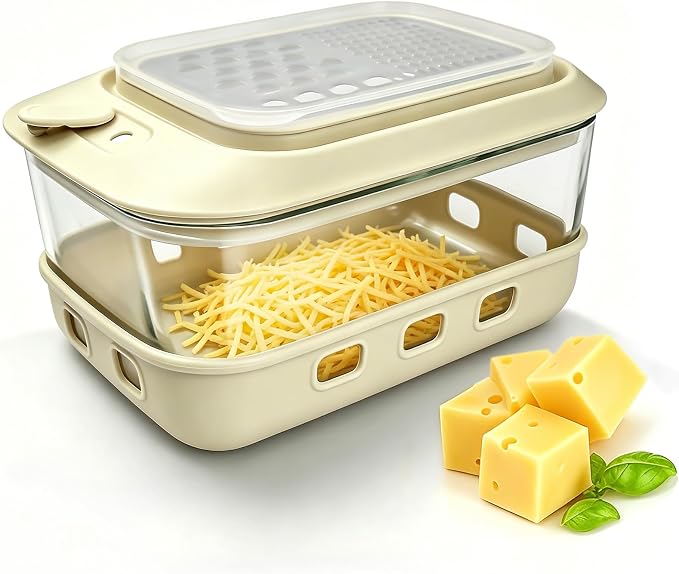 Glass Cheese Grater with Container and Lid, 46OZ Airtight Cheese Grater Bowl, Non-Slip Silicone Base, BPA-Free, Dishwasher & Freezer Safe for Cheese, Butter and Chocolate