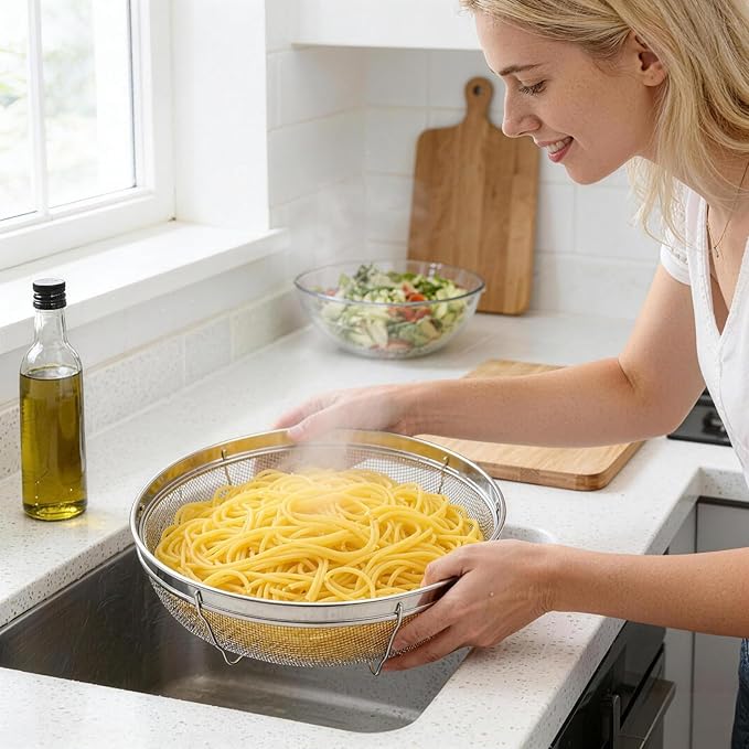 Fine Mesh Strainer for Kitchen, Stainless Steel Colander Bowl for Pasta, Rice, Fruit, Metal Net Baskets with Resting Base - Strain, Drain, Rinse (Diameter 8.67 inch)
