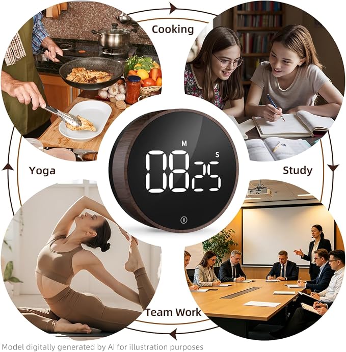 Digital Magnetic Kitchen Timer & Stopwatch with LED Display, Woodgrain | Up to 99:55 Countdown & Count Up , Easy Twist Control, Adjustable Volume & Brightness, Magnetic Back, Battery Powered