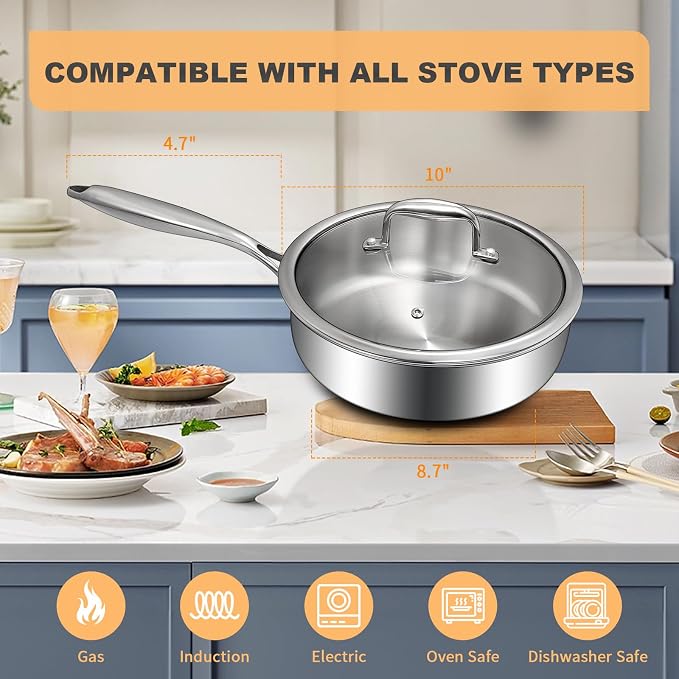 EWFEN Tri-Ply Stainless Steel Frying Pan 3QT, 10 Inch Deep Frying Pan with lids, Skillet, Induction Cooking Pan, Dishwasher and Oven Safe, Fast & Even Heat, Heavy Duty and Detachable Handle