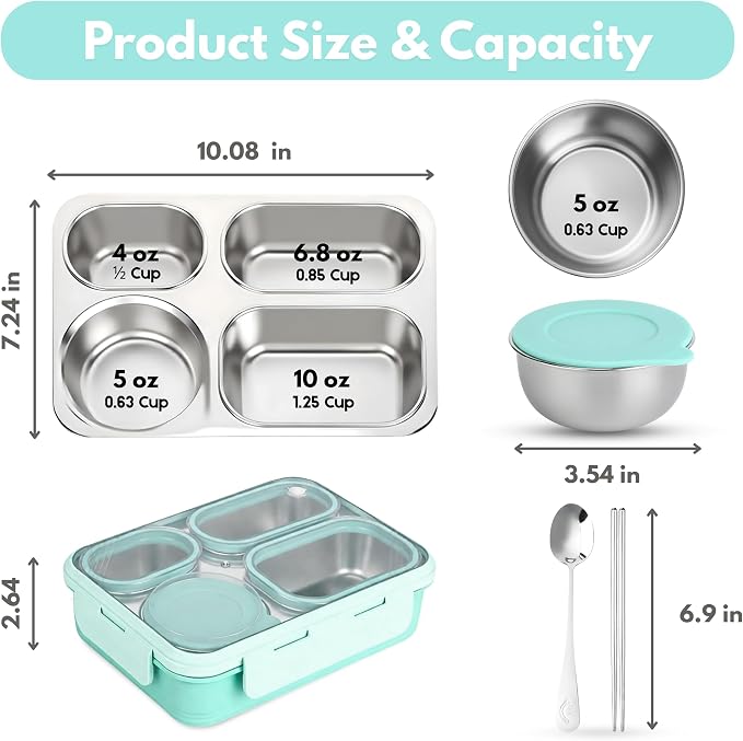 Homaze Kids Adults Stainless Steel Bento Box, 4-Compartment Metal Lunch Box