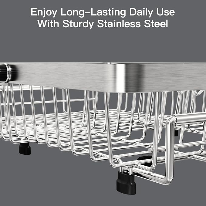 Dish Drying Rack Over The Sink with Utensil Holder, Mat | Expandable Stainless Steel Dish Drainer for Small Kitchen, Apartment, RV, Counter Space Saving, Perfect Fit, Rustproof