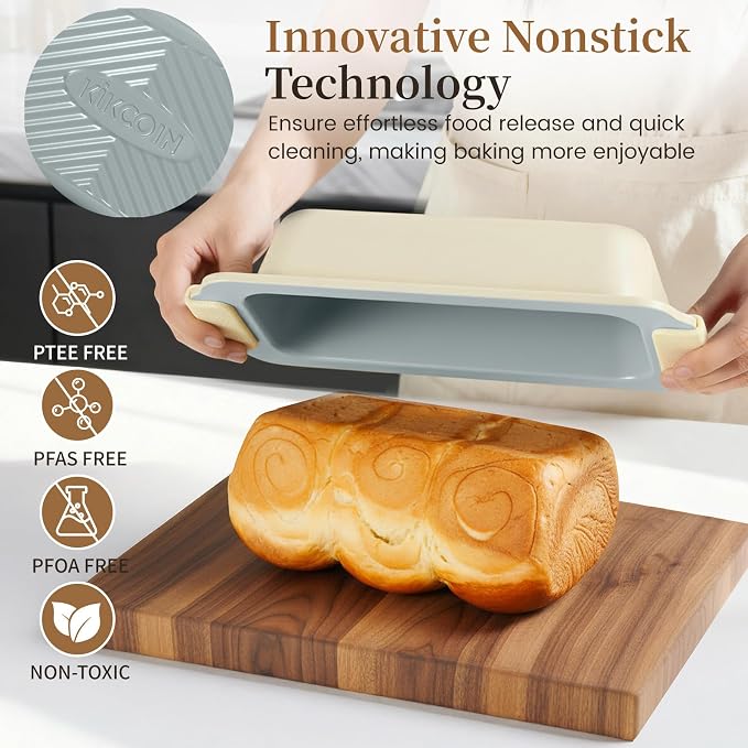 Kikcoin 25-Piece Nonstick Baking Pans Set with Large Turkey Roasting Pan, Stackable Bakeware Set, 450°F Oven Safe Baking Sheet Set with Silicone Handles, Carbon Steel Cookie Sheets for Baking, Cream