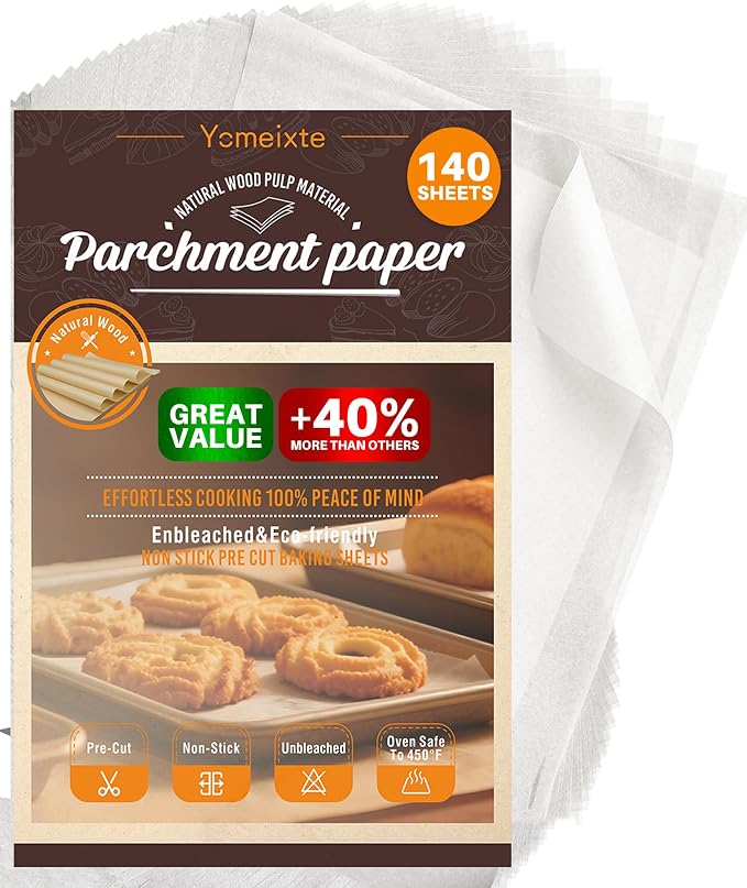 Parchment Paper Sheets, 140 Precut Unbleached Baking Paper Sheets for Oven, Air Fryer, Grilling, Steaming – Non-Stick, Greaseproof Quarter Sheet Liners for Cookies【Food-Safe White, 9" x 13"】