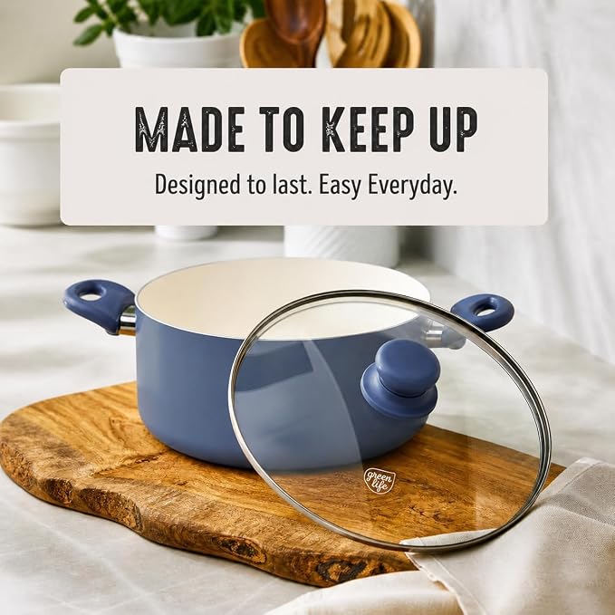 GreenLife 5QT Ceramic Nonstick Stockpot with Lid, Slate Blue | PFAS-Free Nonstick Coating, Casserole Pot, Soup Pot, Pasta Pot, Induction Ready, All Stovetop Compatible, Dishwasher Safe