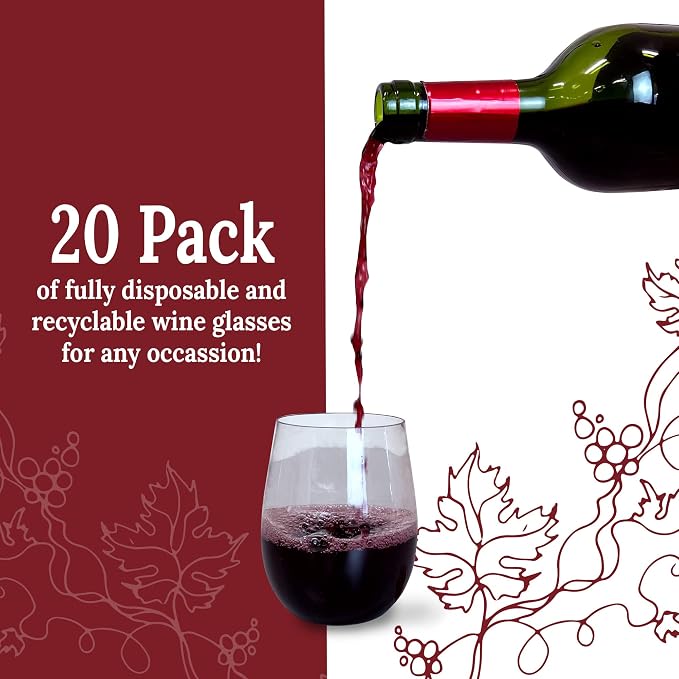 Reli. 12oz Plastic Wine Glasses, 20 Pack | Disposable, Stemless, Clear | Premium Plastic, Wine Glasses, BPA-Free, Stemless, Perfect for Events, Elegant