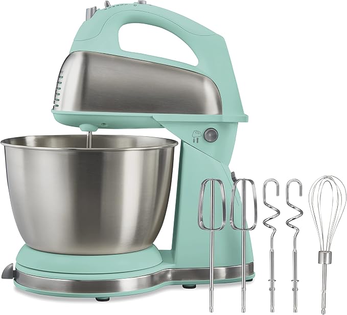 Hamilton Beach Classic Electric 4 Qt Stand Mixer & Hand Mixer With 6 Speeds | 2-in-1 Versatility | QuickBurst For Added Power | 290 Watts Peak Power | Built-In Bowl Rest | Aqua Blue