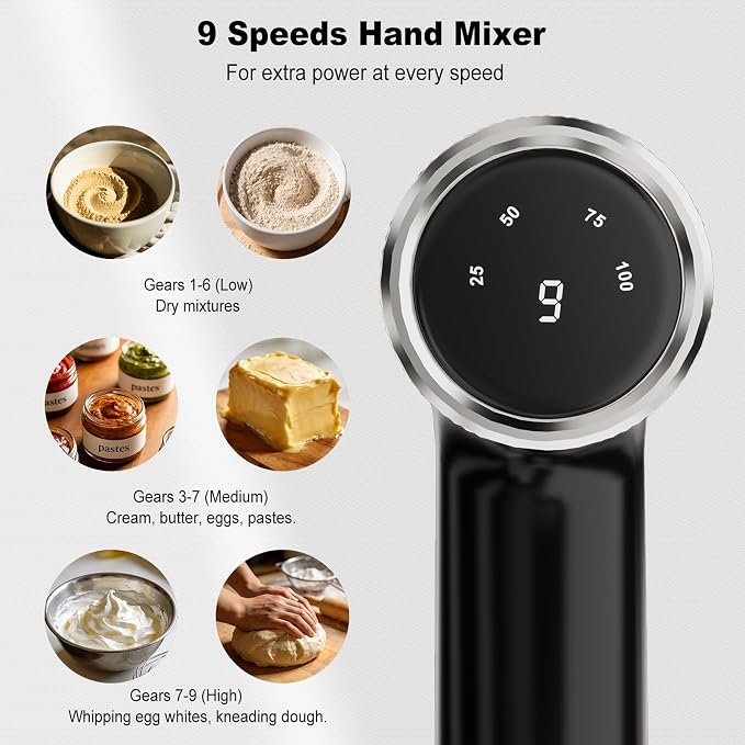 Camic Electric Hand Mixer with 9 Speeds, Powerful Motor, Cordless Hand Mixer with Whisk, Dough Hook and Mixing Rod for Whipping Eggs, Cream, Butter, Jam, Kneading Dough and Blending (White+Black)