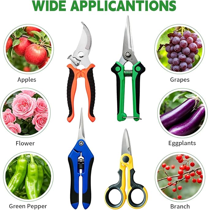 HoMaNa 4 Pack Garden Shears Pruning Set, Stainless Steel Multi-Blade | Sharp stainless steel blades with safety lock, spring ergonomic grips reduce hand strain, for flowers, bonsai garden