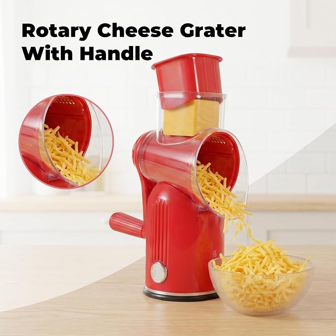 Rotary Cheese Grater Manual Hand Crank with 5 Blades & Suction Base, Kitchen Vegetable Shredder Slicer for Veggie, Nuts, Fruit, Red