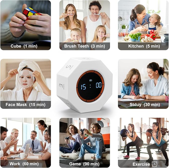 Rechargeable Pomodoro Timer, Small Gravity Timer (Pearl White) | Seven Preset Flip Times (1/3/5/15/30/60/90 min) and Count-Up Mode: Digital Kitchen Timer for Cooking, Work, and Study