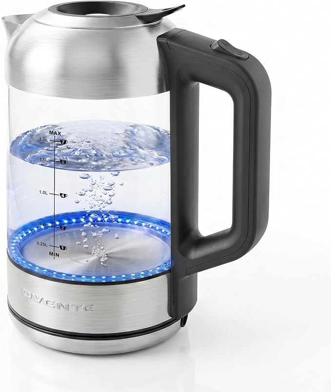 OVENTE 1.8L Glass Electric Kettle Water Boiler, Silver KG751S | 1500W Fast Boiling, Easy Fill Lid, Borosilicate Glass, BPA-Free, Blue LED, Auto Shut-Off, Boil-Dry Protection, Cordless