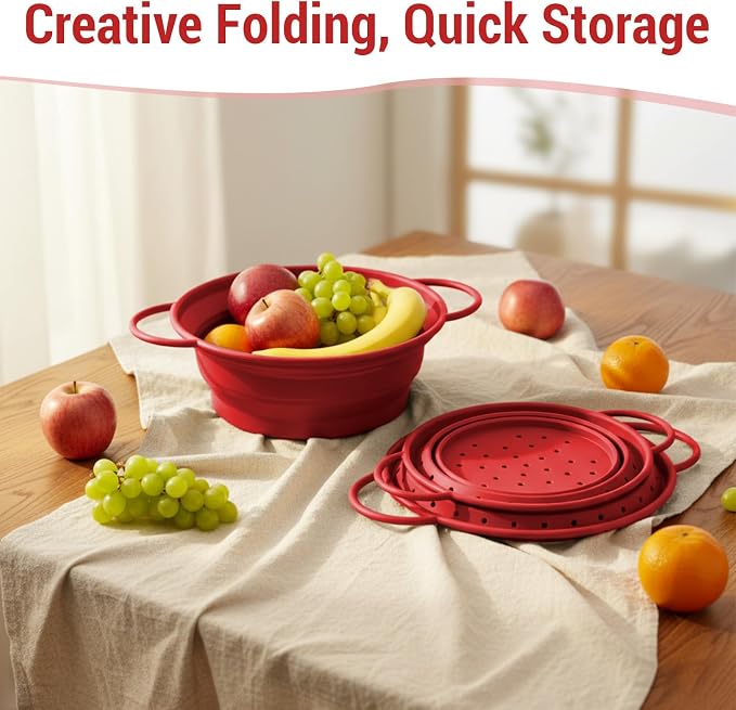 3 Pack Collapsible Colander with Strainer Bowl Set,Red | 11 & 13 In Silicone Colanders for Kitchen, Heat-Resistant Strainer Dishwasher Safe Baskets for Vegetable Fruits